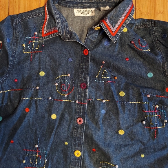 Colorful embroidered denim jean jacket New Direction boho fashion 2xl - Picture 5 of 6
